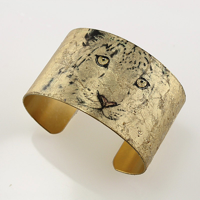 Photo Cuff, Brass Cuff Bracelet, Altered Art Jewelry, Photo Jewelry, Gold Leaf Cuff, Snow LEOPARD Cuff - BIG CATS