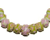Ready to Ship Lampwork beads - Opaque Pink, Lime & White  - handmade lampwork bead set by K. Urato SRA