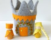Felted wool castle tower with King and Queen dolls