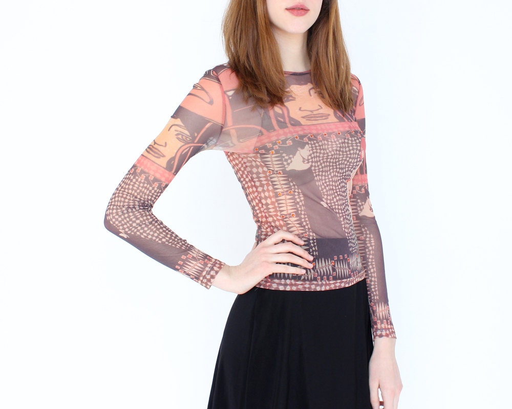 vintage 90s sheer printed mesh shirt / eyes and women print / club kid top