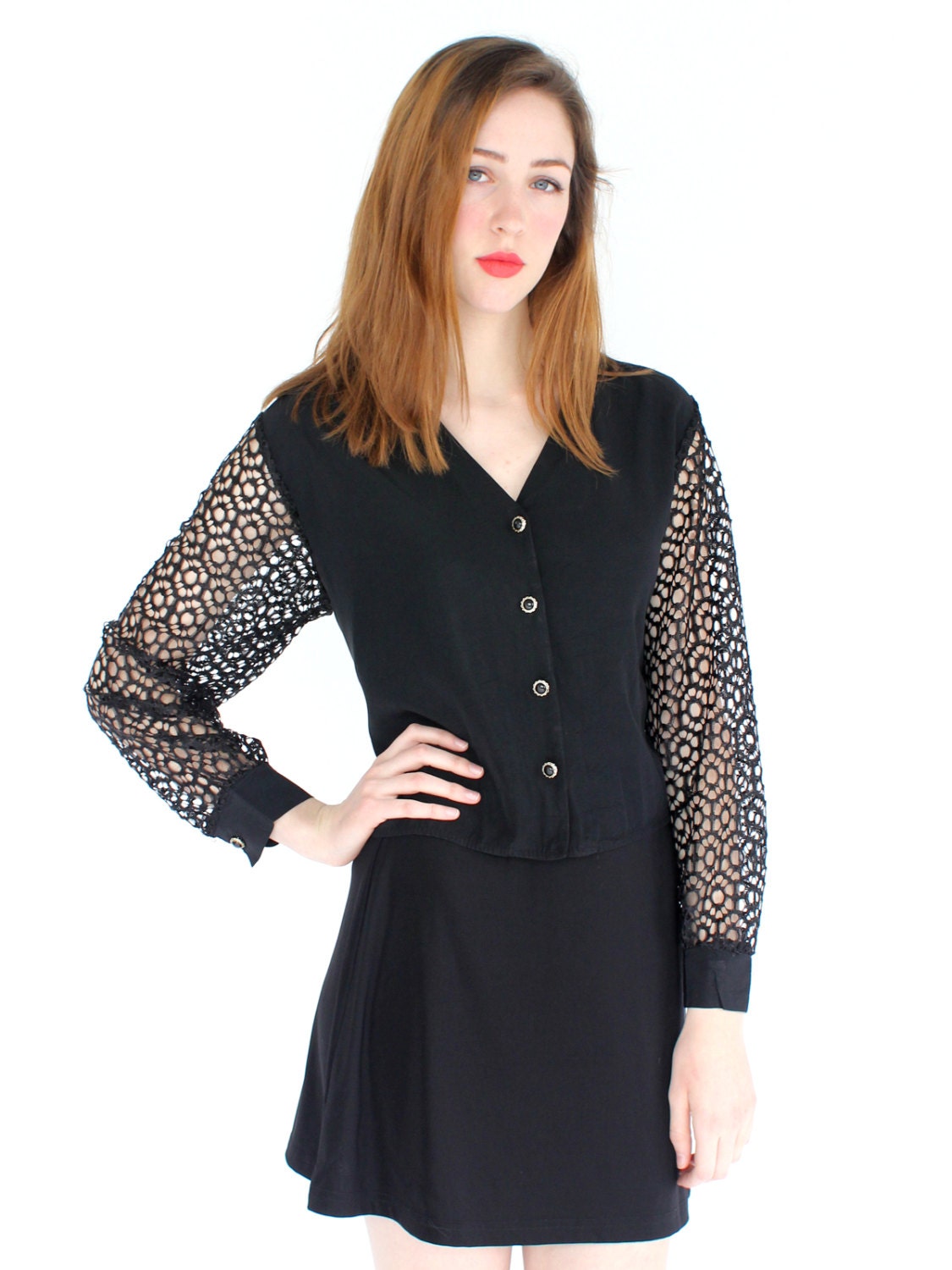 vintage 80s sheer lace mesh sleeve blouse / goth lace blouse / 90s black lace top