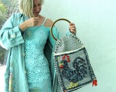Double Funky Chicken Rooster Purse - Vintage Inlay Woven Crewel - Market Tote Bag - Wooden Handle