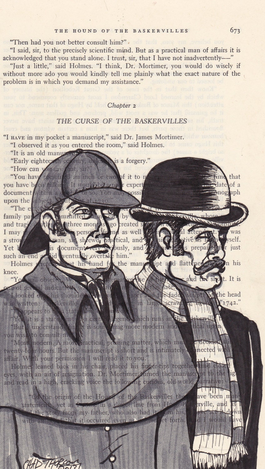 Sherlock Holmes and Watson original illustration on recycled book page
