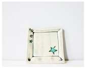 Pretty ceramic trinket dish mint teal stars - coaster tray small square pottery plate
