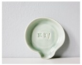 Mint pottery spoon rest - word Hi - fun handmade ceramic kitchen accessory for tea and coffee