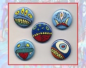 The Blue Monsters, pinback button set, lowbrow cartoon horror art
