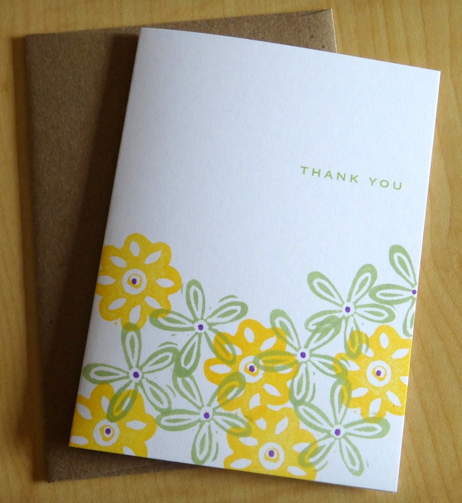 Yellow and Green Flowers - Thank You Cards - Box of 6 - Hand Printed