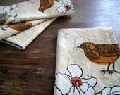 Cloth Napkins Set of 4 Beige Cream Orange Birds Flowers