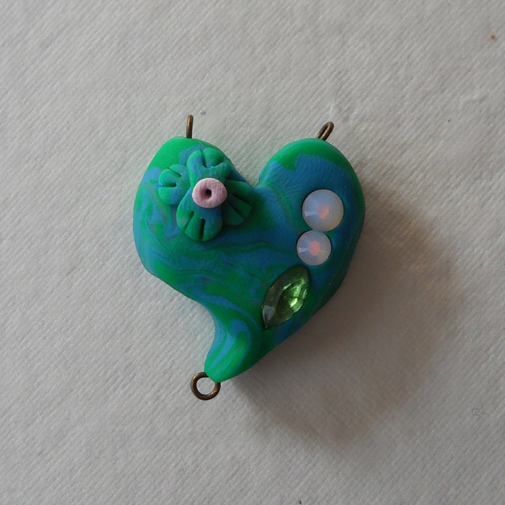 Earth Day Marbled Pendant in Green, Blue and White RUSTIC HEART with Swarovski and Vintage Crystals