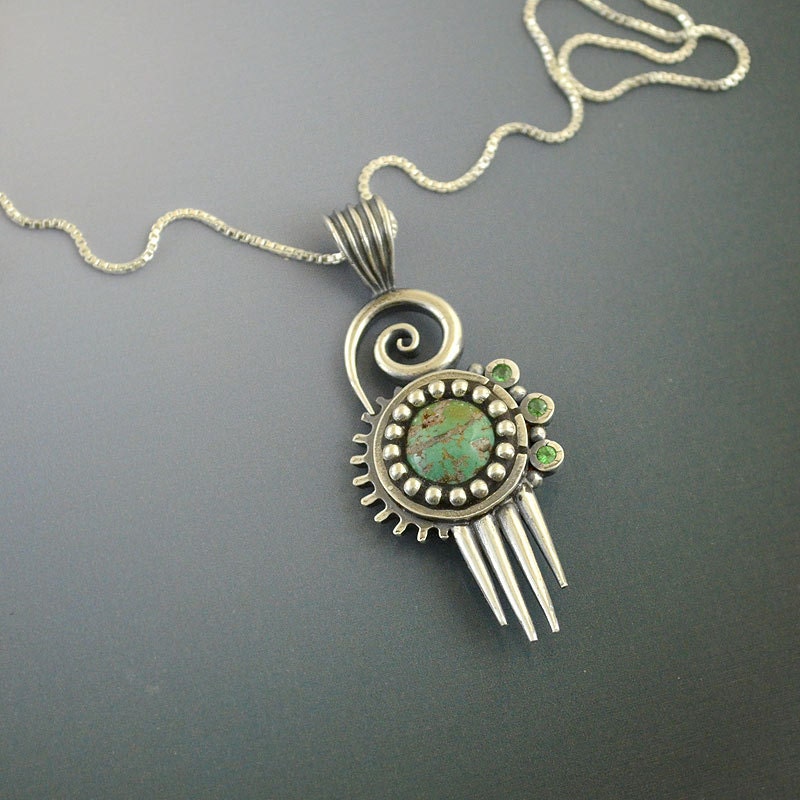 Small Silver Solstice Necklace Pendant with Turquoise sterling silver bead inlay polymer clay 3 Tsavorite garnet