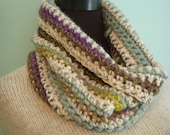 Striped Cowl, Purple, Ivory, Seafoam, Lemongrass, Chunky Crochet Cowl