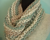 Seafoam Striped Cowl, Ivory, Aqua and Taupe Beachy Chunky Knitted Neck Warmer