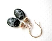 Snowflake Obsidian Oval Earrings, Sterling Silver, Semi Precious Stone, Black and White