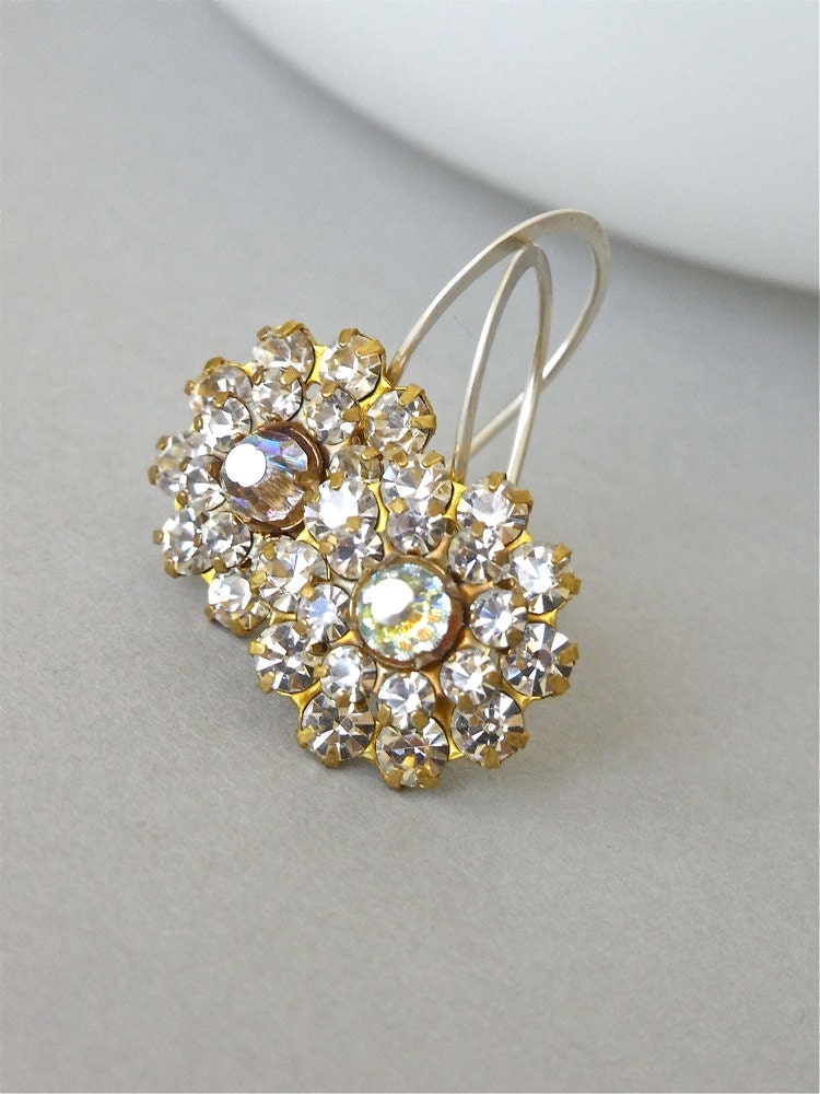 Earrings - vintage Swarovski crystal and brass flower, modern Swarovksi crystal and sterling silver earrings - Crystalline