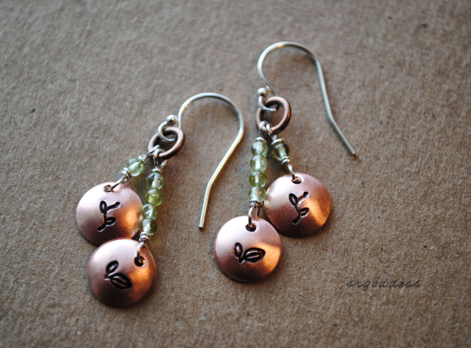 LEAF and BRANCH sterling silver copper and peridot earrings by srgoddess