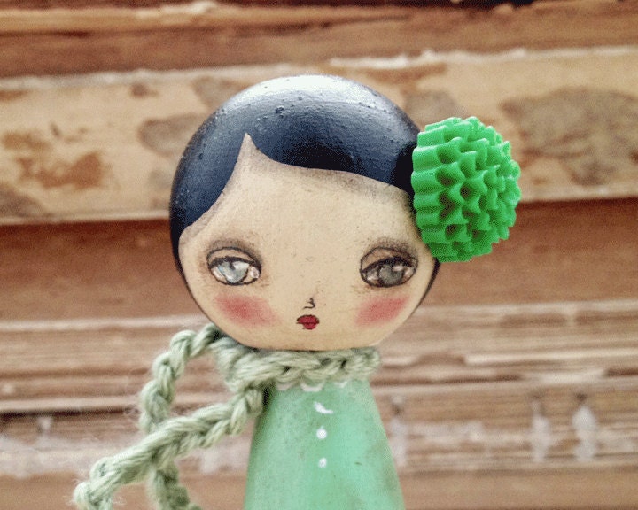 Verde Winter Kokeshi Wood Doll Mixed Media by Danita Art - DanitaArt Verde Winter Kokeshi Wood Doll Mixed Media by Danita Art - DanitaArt