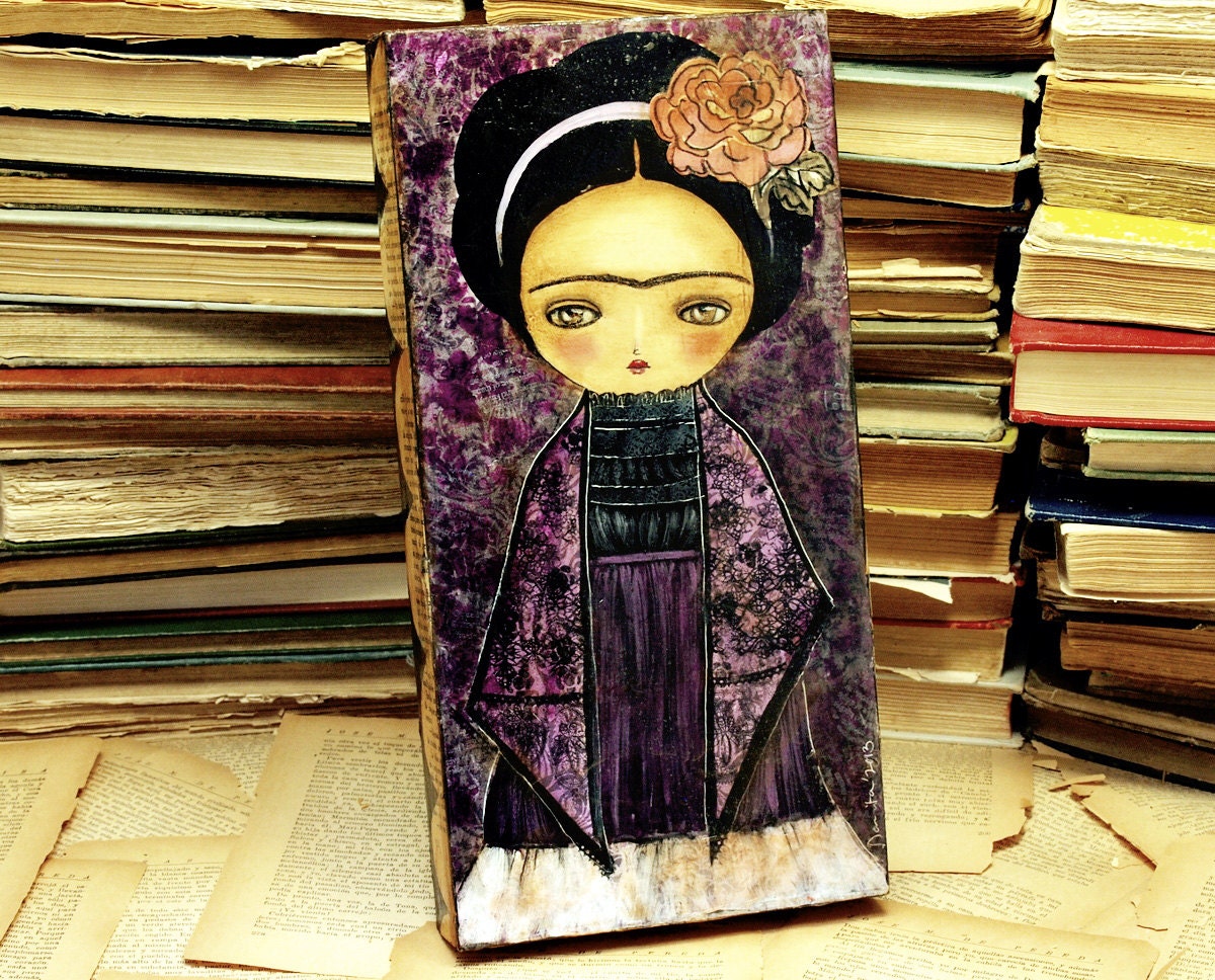 Frida's March Dress In Purple And Black - Original Mixed Media Collage Painting By Danita Art (6x12 Inches On Wood)