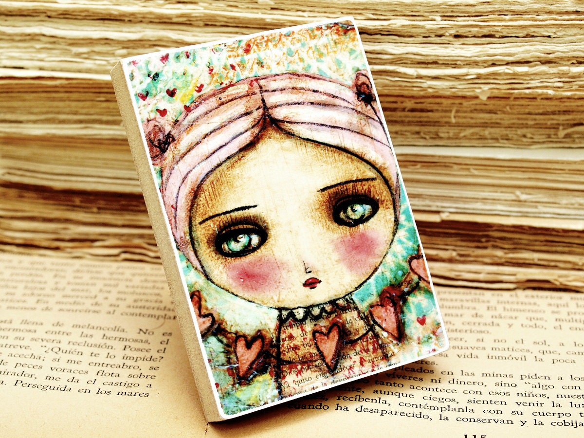 Pink Haired Girl With Hearts - ACEO Giclee Reproduction Mounted On Wood Block by Danita Art (2.5  x 3.5 Inches Print)