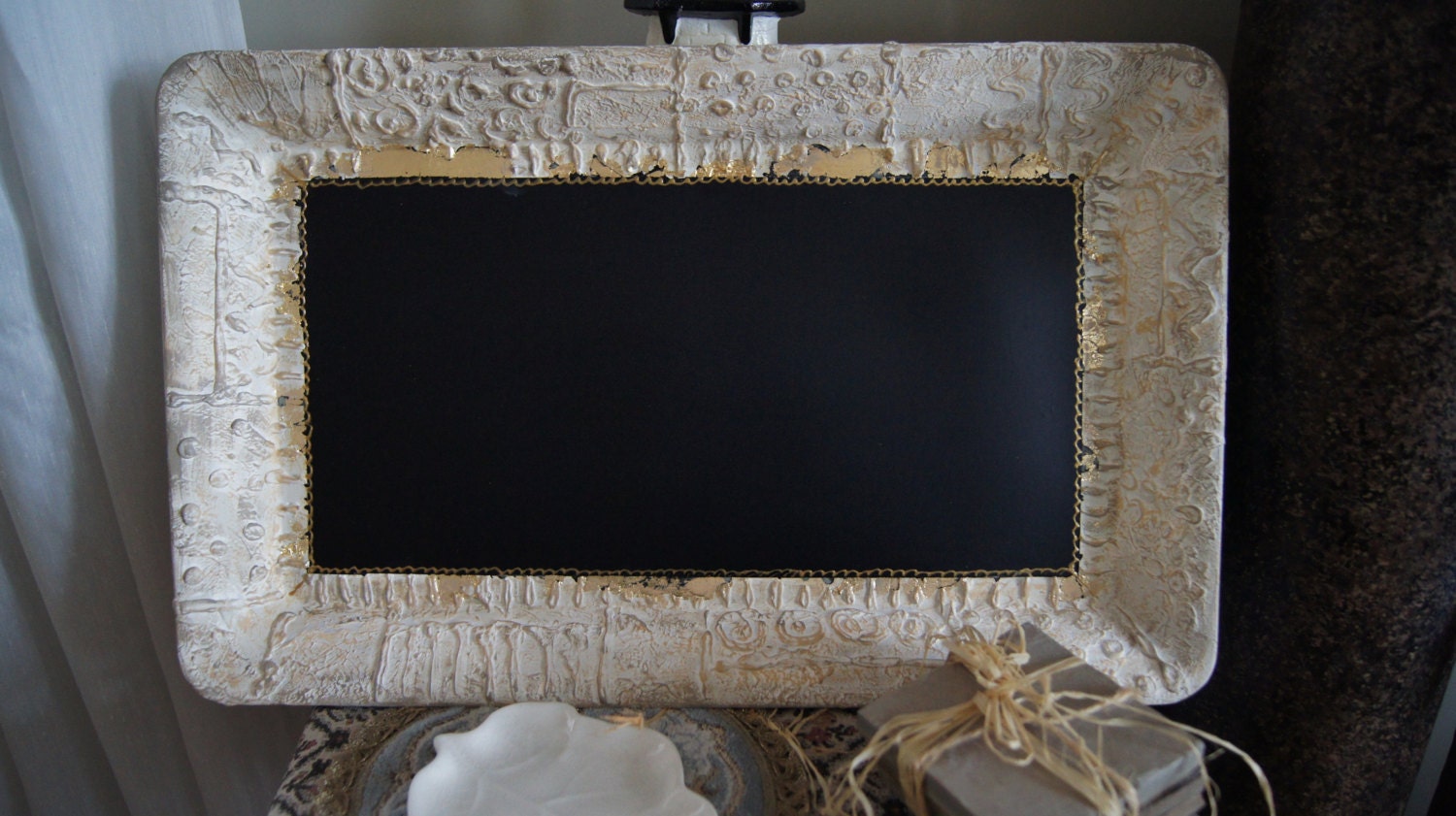 Shabby Gold Leaf and Lace - Farm House Faux Rustic Shabby Chalkboard - Chunky White Kitchen Chalkboard