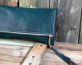 Clutch Purse Leather Fold Over Dark Teal    Women's gift