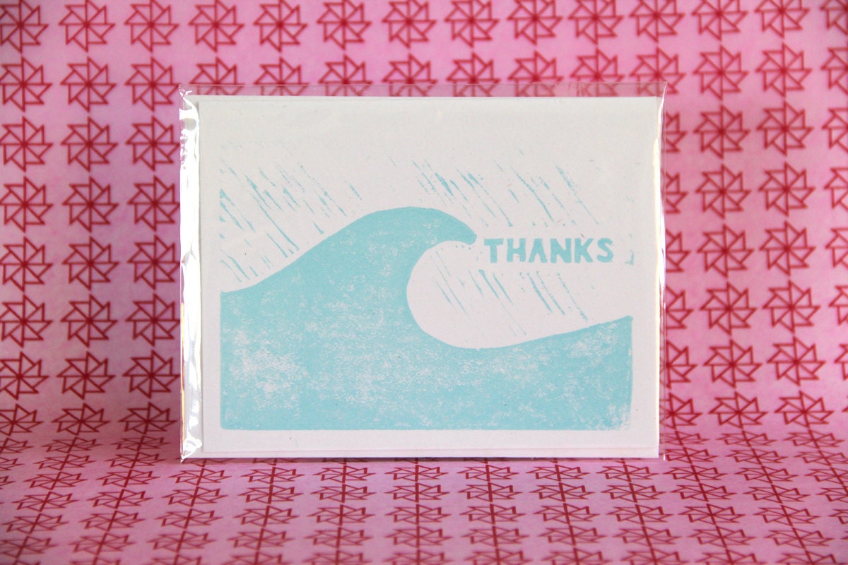 waves of thanks card -- linocut thank you card