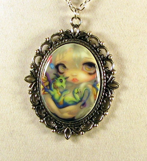 Darling Dragonling IV Cameo Necklace from Jasmine Becket-Griffith Art fairy green dragon baby