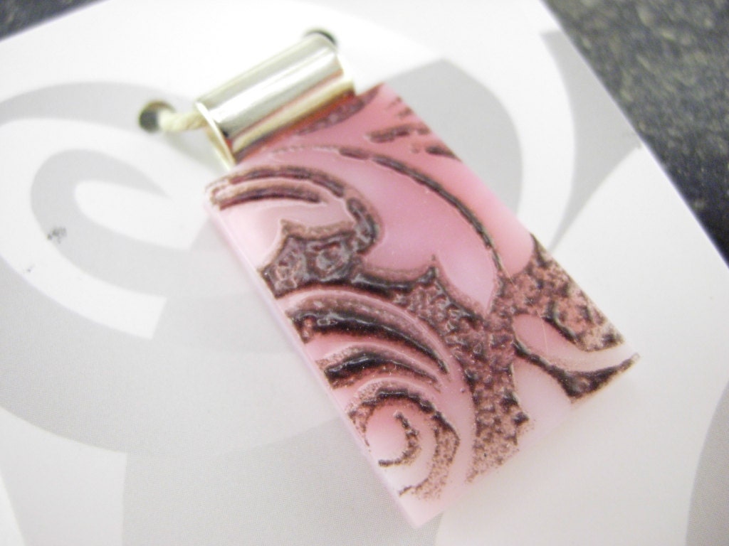 Fused Glass Pendant, Handmade Glass jewelry. Pink and brown flourish