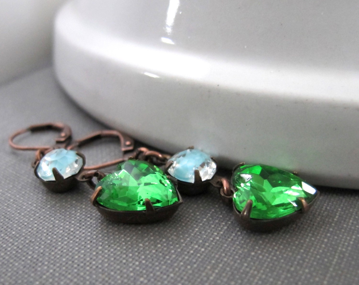 Emerald Earrings, Glass Heart Earrings, Peridot Green, Aqua Blue Glass, Copper Earrings, Vintage Glass, Glass Heart Charms, Old World Charm,