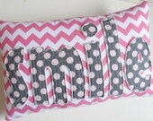 SMILE Pillow in Pink Chevron and Gray and Pink Polka Dots handmade