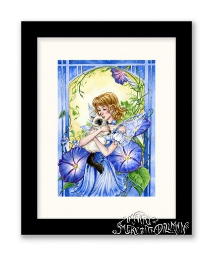 Birman Cat art, Fairy print, blue Morning Glory flower, 5x7 by Meredith Dillman