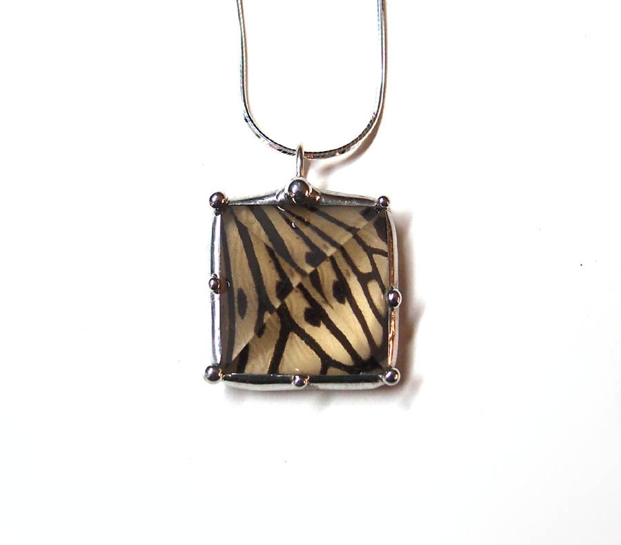 Quartz Crystal Pyramid and Real Idea Black and White Butterfly Necklace - Nature Art Jewelry