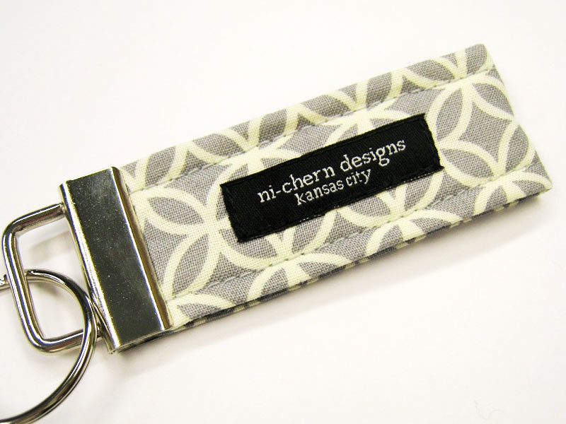 Fabric Mini Key Fob - off white Interconnecting Circles Circle Lattice on Gray