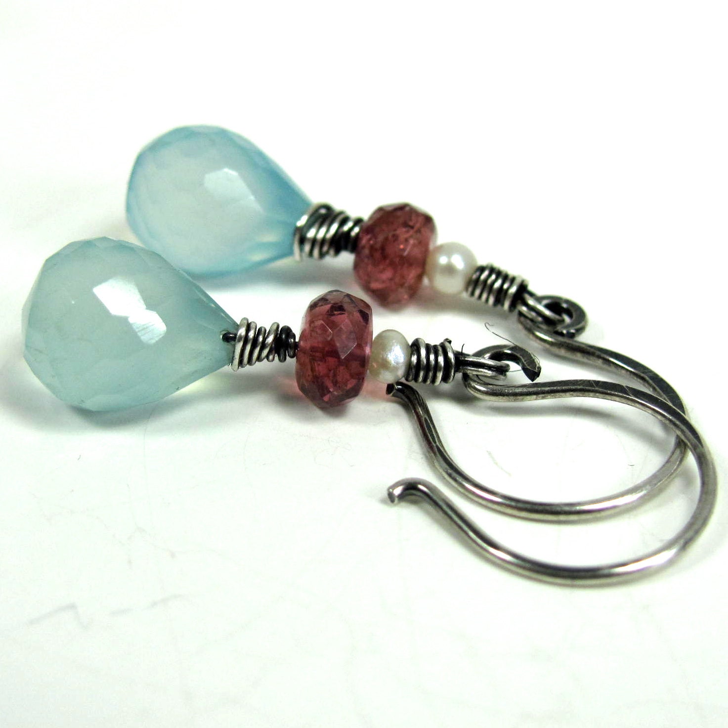 Chalcedony, Tourmaline, Pearl, Sterling Silver Earrings