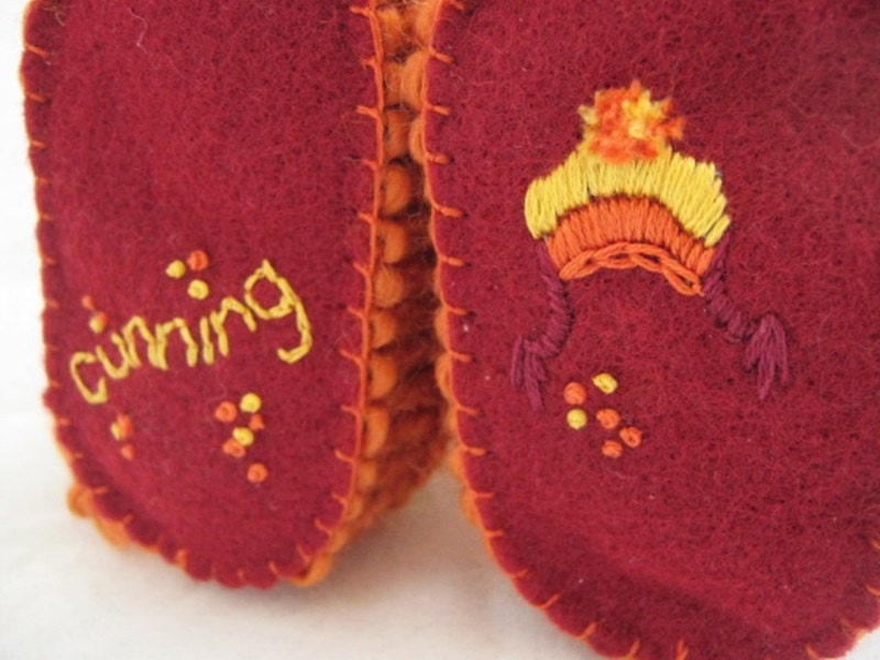 Cunning Knit Wool Baby Booties with Embroidered Iconic Orange and Yellow Hat