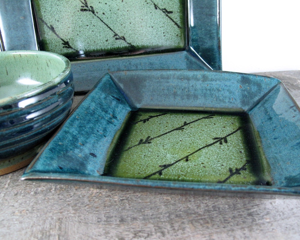 Sproutlines Dinnerware Place Setting - Square Dinner Plate, Salad Plate, and Bowl - Emerald Green and Deep Lagoon - FREE SHIPPING