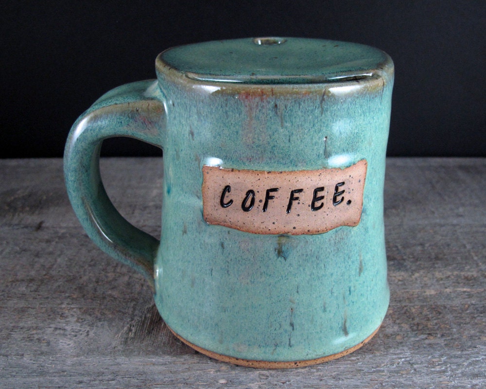 COFFEE. Mustache Mug - Travel Coffee Cup - Jade Green - Seafoam - Spill Guard - Large