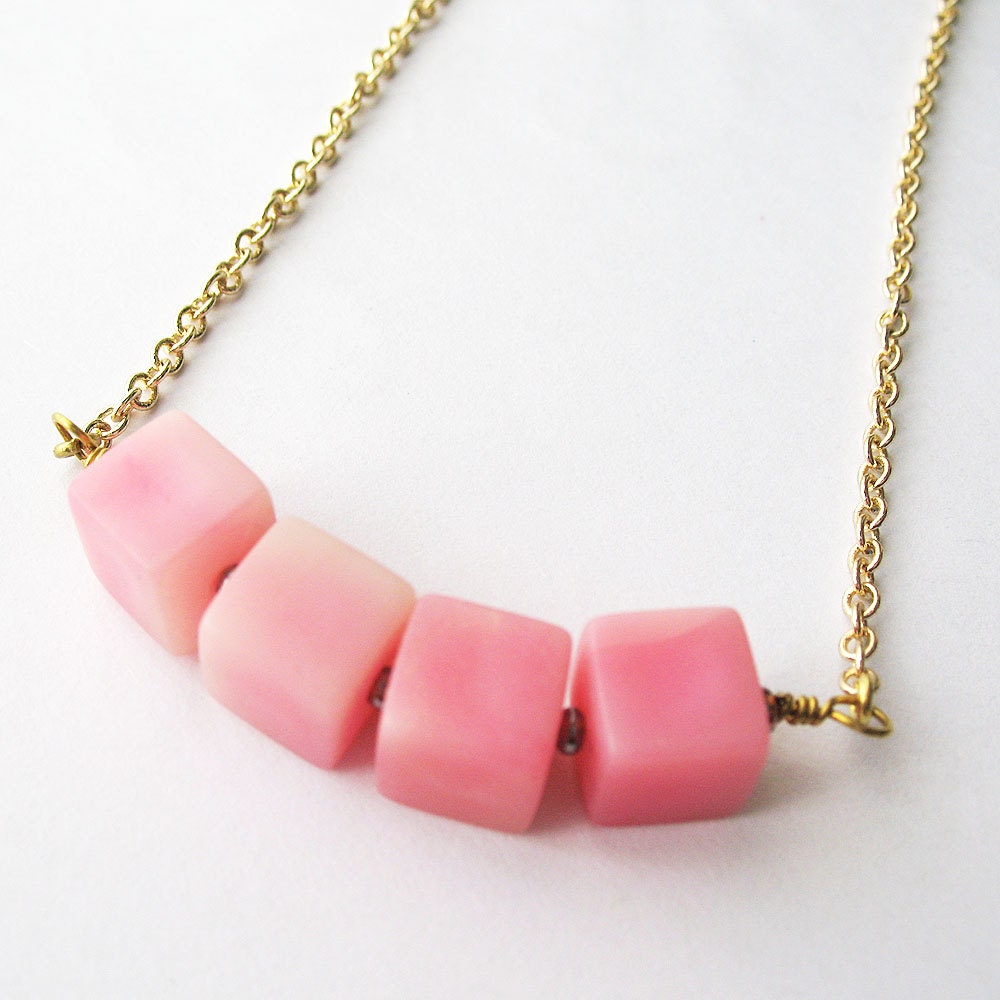 Soft Bubblegum Pink Cube Beaded Necklace - Vintage Beads