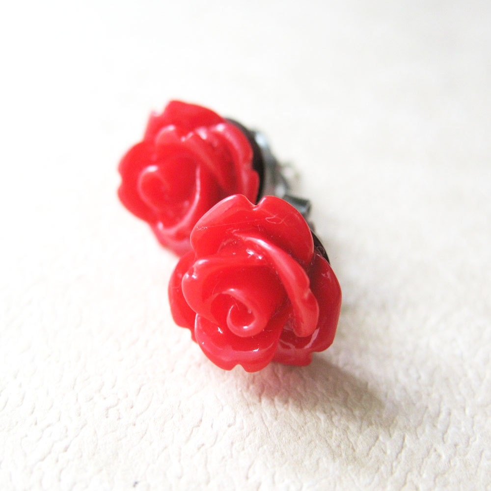 Bright Red Rose Flower Earrings - Cherry Red Flower Stud Earrings