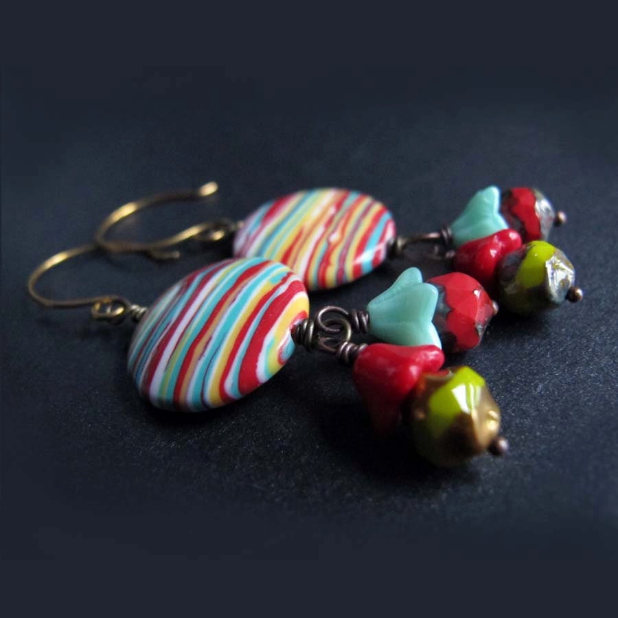 Candy Striped Faux Calsillica Bead Earrings