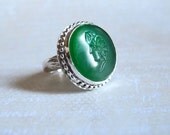 Green Carved Glass Intaglio Roman Style Sterling Silver Ring Size 8