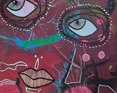 Outsider Folk Art Painting Maroon Plum Abstract Portrait Collage Urban Graffiti 6x6 Inches