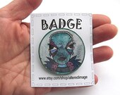 Funky Badge Handmade Quirky Outsider Art Lowbrow Angel Unique Face Portrait Hip Hipster