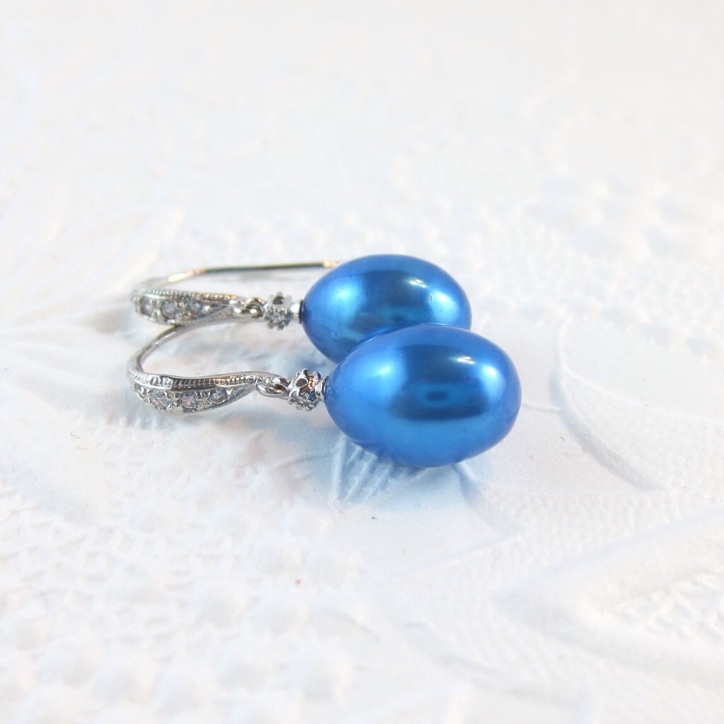 Turquoise Pearl Earrings with Rhodium, Sterling Silver and Cubic Zirconia