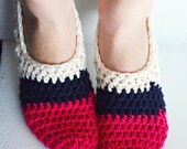 Women's Crochet Slippers Socks House Shoe - Colorblock - Hot Pink, Navy, Cream - Made to Order (Size 8-10 Ready to Ship)