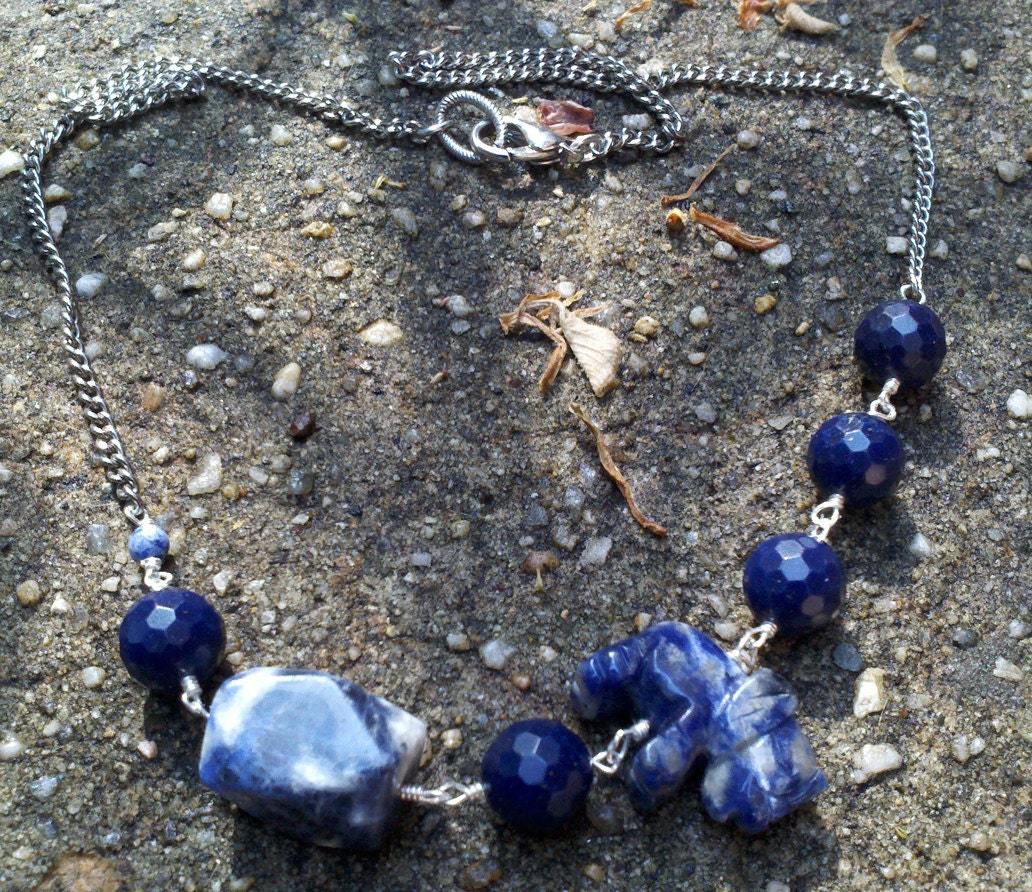 The Artistic Elephant - Beaded Sodalite, Fetish Elephant and Blue Jade silver necklace