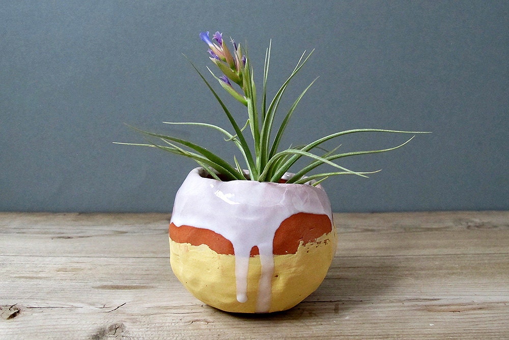 ceramic pinch pot terracotta planter - matte yellow and white drippy glaze