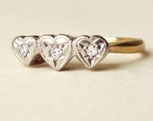 Vintage Triple Diamond Hearts Ring, 1960's Vintage Diamond Heart 18k Gold Engagement Ring, Size US 5.75 / 6
