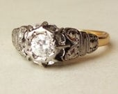 Art Deco .30 Carat Diamond Solitaire Ring, Platinum, 18k Gold and Diamond Engagement Ring Size US 7.25