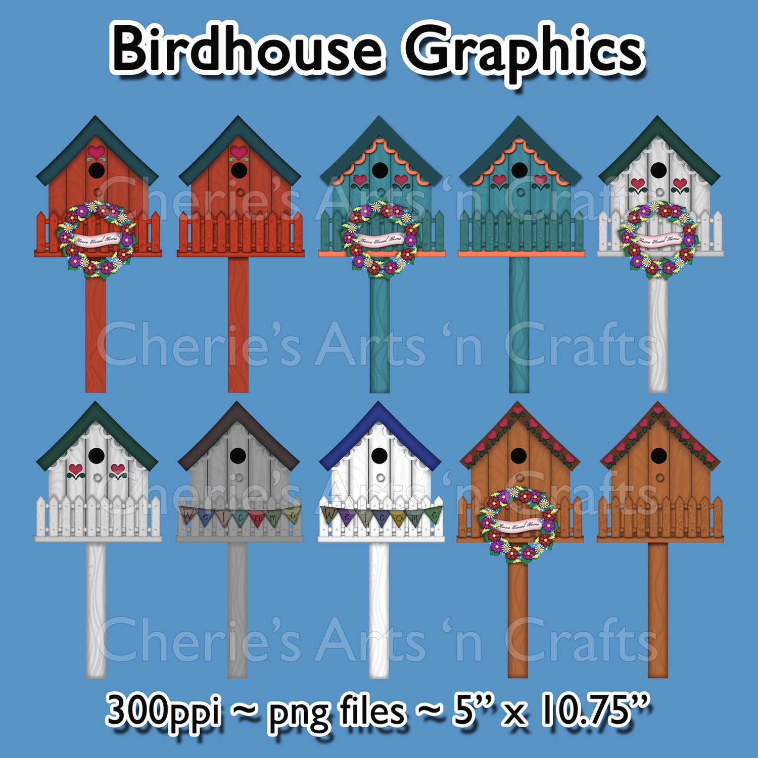 Instant Download Birdhouse Graphics, Prim Graphics, Country Folk Art Graphics, Birdhouse Clip Art