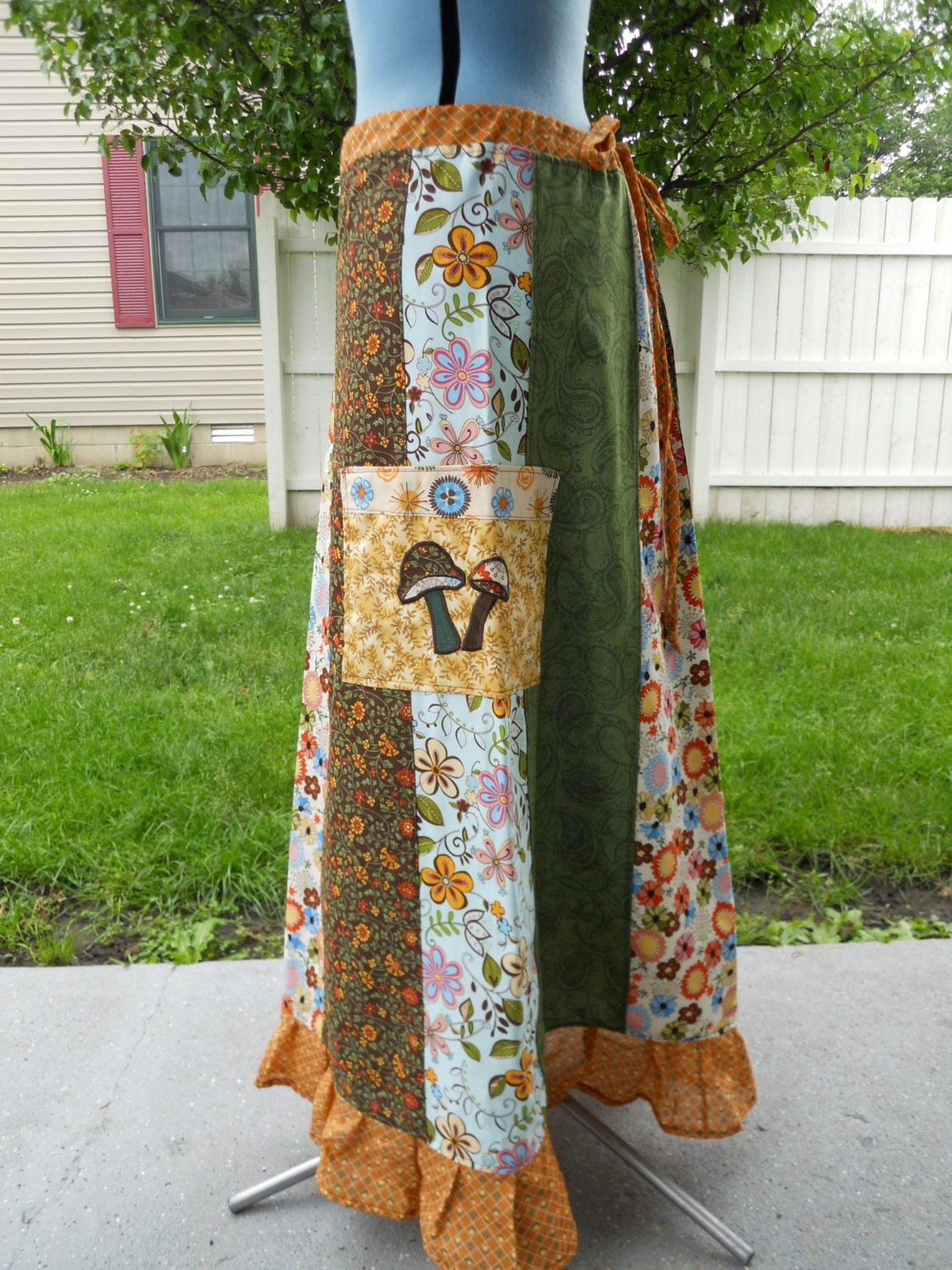Earthy Mushrooms Long A-line Hippie Patchwork Skirt adjustable sizing